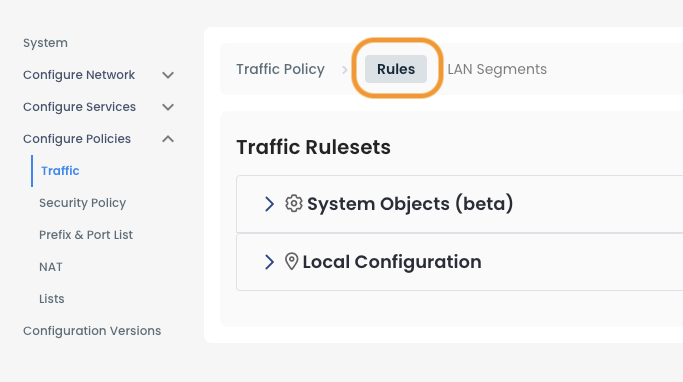 Interface showing traffic policy settings with highlighted 'Rules' section for configuration.
